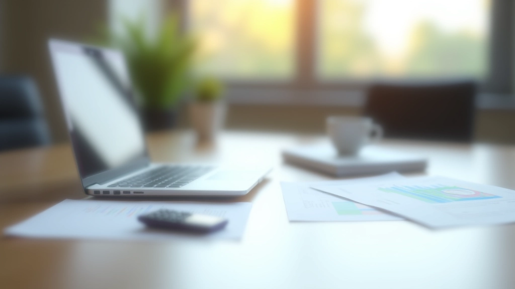 Pracovní stůl s notebookem, kalkulačkou a finančními výkazy