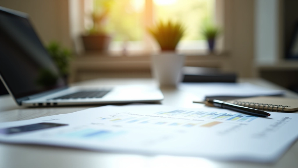 Stůl s počítačem, poznámkami a finančními dokumenty
